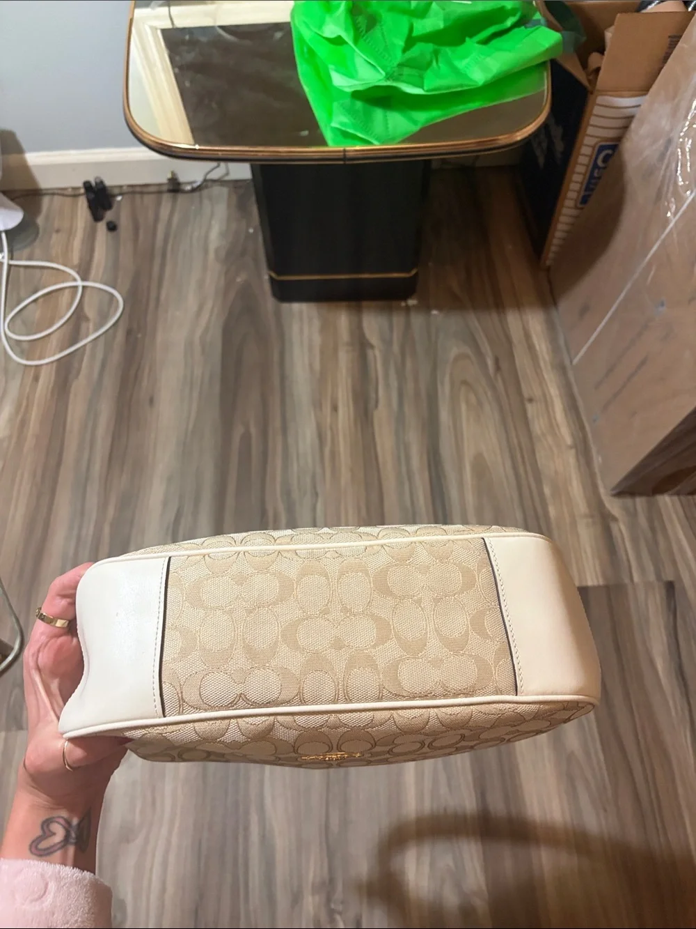 Coach Signature Pebbled Hobo Bag in Beige and White